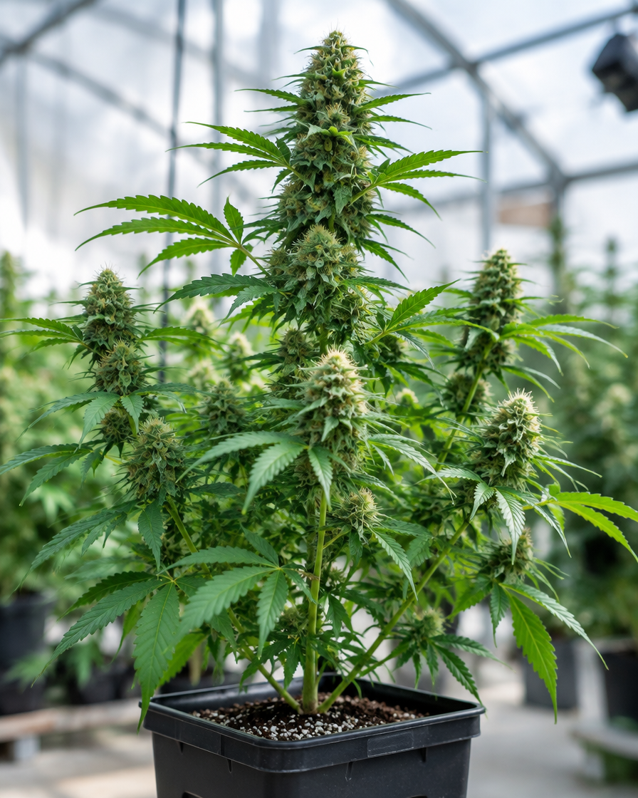 Planta de White Widow Fast en maceta negra cuadrada